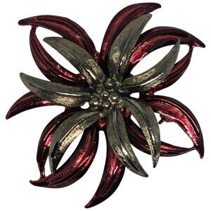 Vintage Red Gold Tone Abstract‎ Flower Starburst Brooch Atomic Mid Century